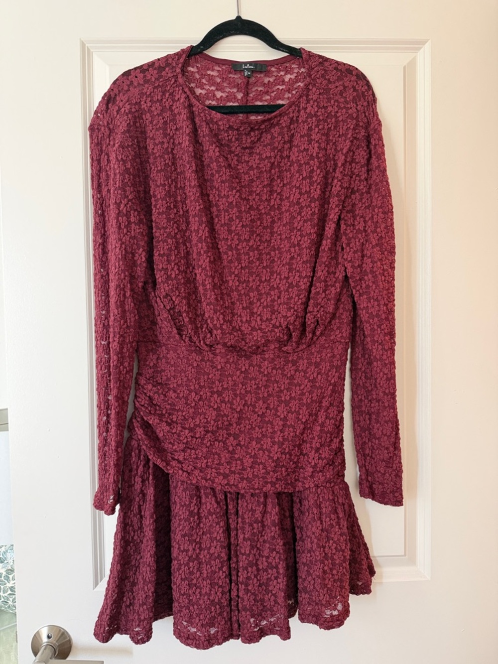 Lulus Zallie Wine Red Textured Knit Ruched Long Sleeve Mini Dress - Size M